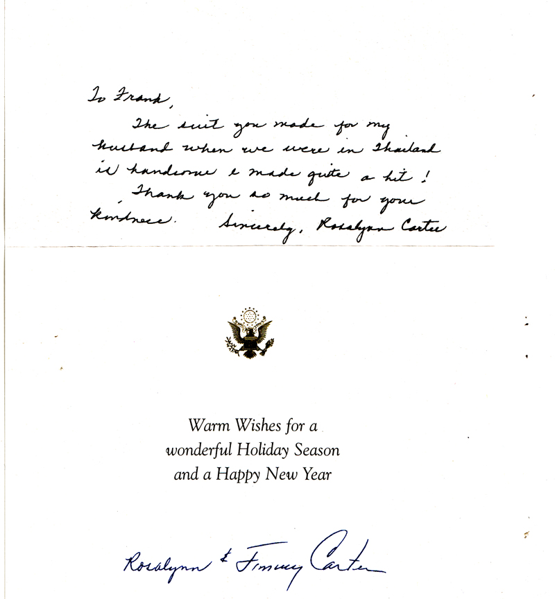 Handwritten card to Frank from Rosalynn Carter